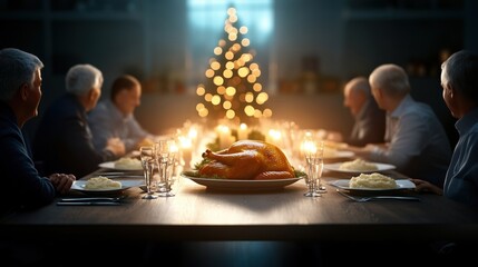 Festive dinner scene with family, turkey centerpiece, decorated Christmas tree, warm candlelight ambiance.
