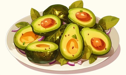 an Avocado Salad on an Oval Plate, Featuring Slices of Avocado and Lettuce Arranged in the Center, Using a Green Color Palette with Brown and Red Accents