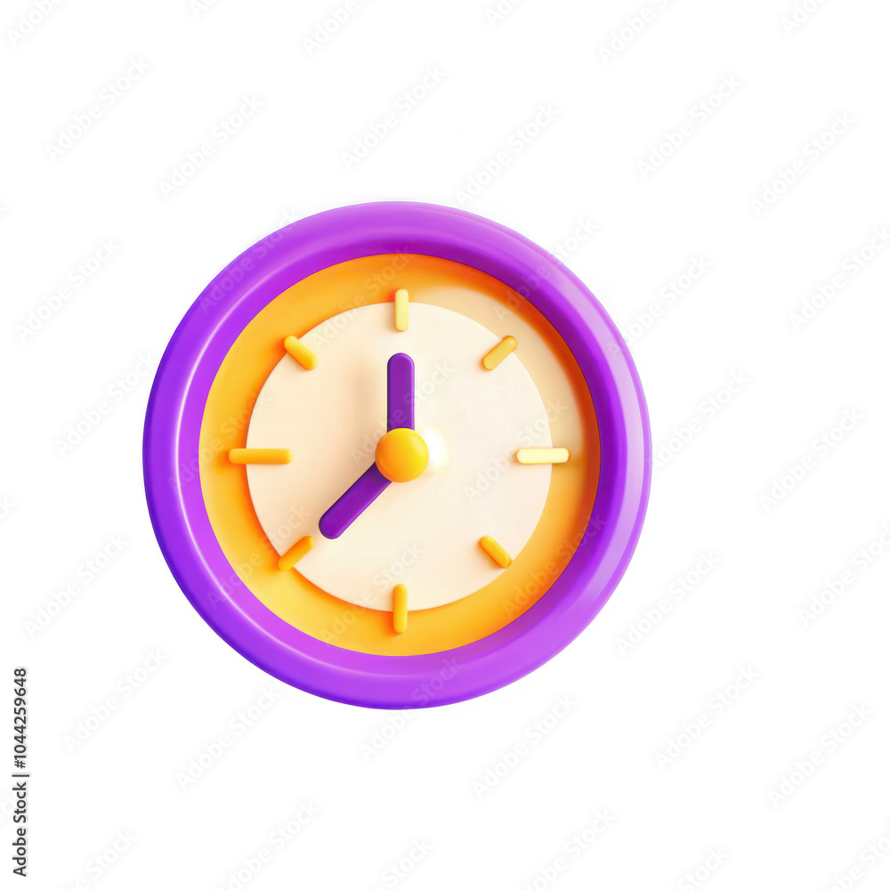 Poster a vibrant 3d rendered clock featuring purple and orange elements with distinct hour markers and hand