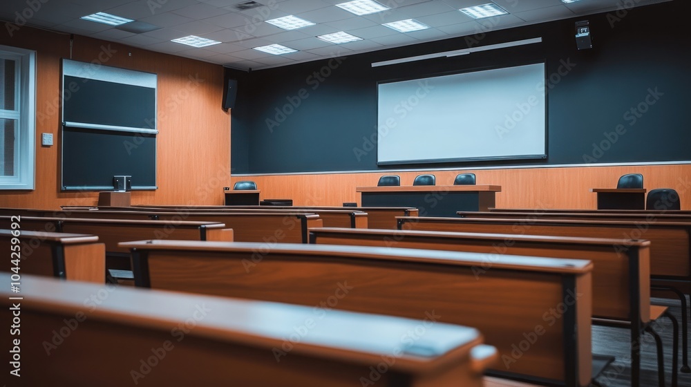 Poster empty lecture hall with a projector screen and rows of seats.