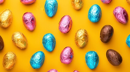 A vibrant array of foil-wrapped chocolate eggs lies scattered across a bright yellow backdrop, creating an inviting and festive visual celebration of Easter joy.