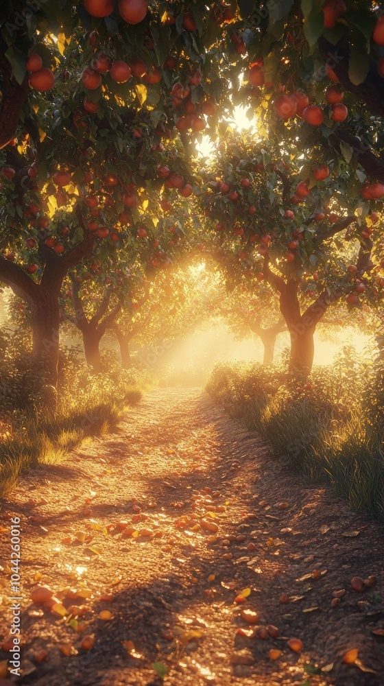 Poster a path through an orchard, with trees laden with apples, bathed in the warm light of the setting sun