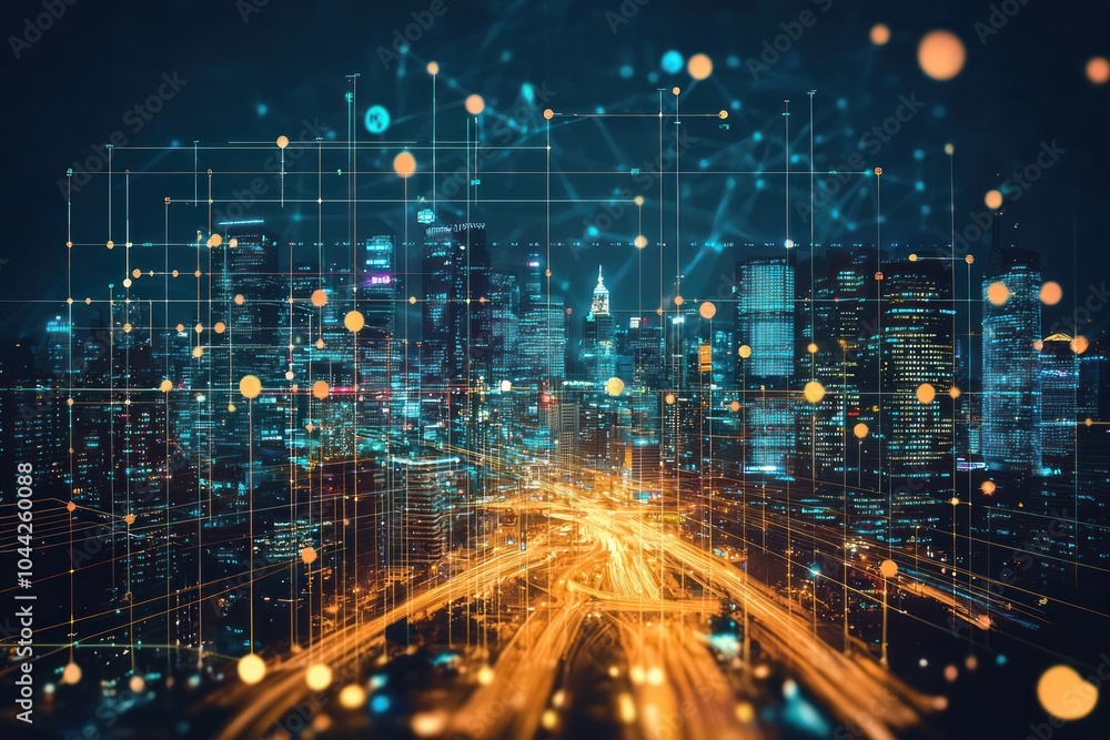 Poster cityscape with networked grid and illuminated traffic