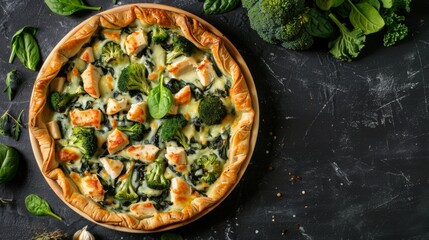 This appetizing image showcases a savory spinach and broccoli tart with a crispy golden crust, beautifully styled on a dark, rustic tabletop surrounded by fresh greens.