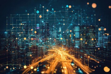 Fototapeta premium Cityscape with Networked Grid and Illuminated Traffic