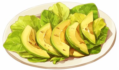 an Avocado Salad on an Oval Plate, Featuring Slices of Avocado and Lettuce Arranged in the Center, Using a Green Color Palette with Brown and Red Accents