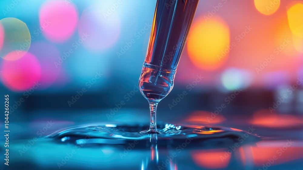 Poster a single droplet of transparent liquid suspended amid a vibrant colorful reflection creating an abst