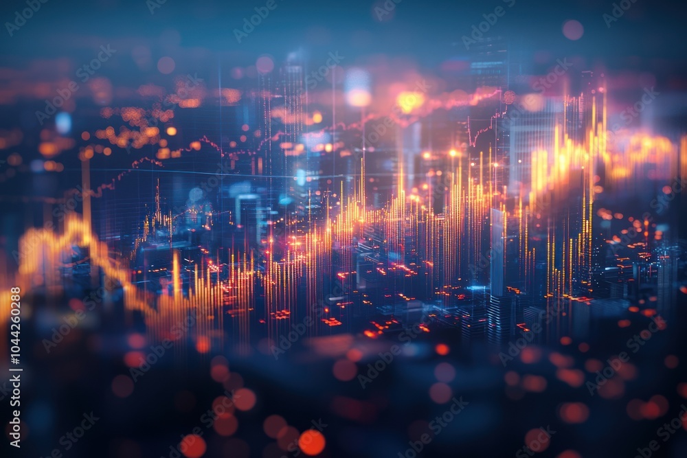 Poster abstract cityscape with illuminated data lines and charts