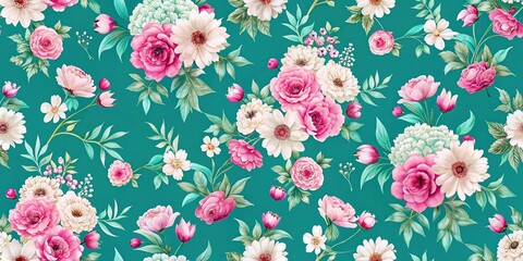 Seamless pattern with pink and white flowers on teal background minimalist