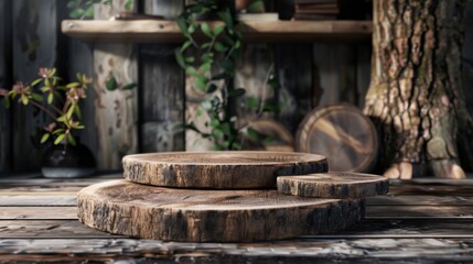 Fototapeta premium A cozy rustic setting featuring wooden rounds atop a wooden table, with a plant and a textured wooden wall, evoking a sense of nature and warmth.