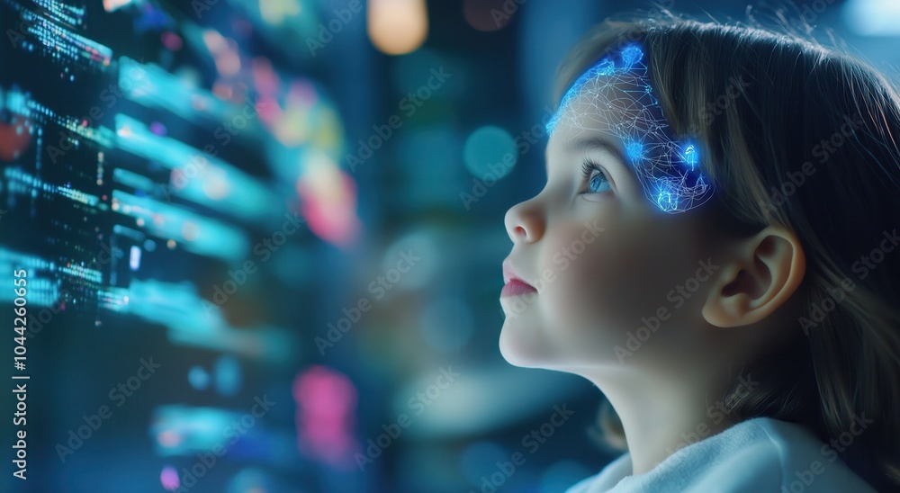Poster captivated young girl in awe exploring a complex futuristic holographic interface with a sense of wo
