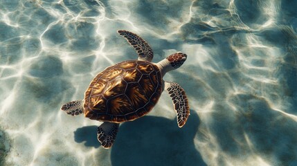 Fototapeta premium A sea turtle swims in clear blue water, its shell visible through the surface.