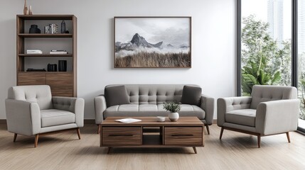 Modern Living Room with Grey Sofa and Armchairs