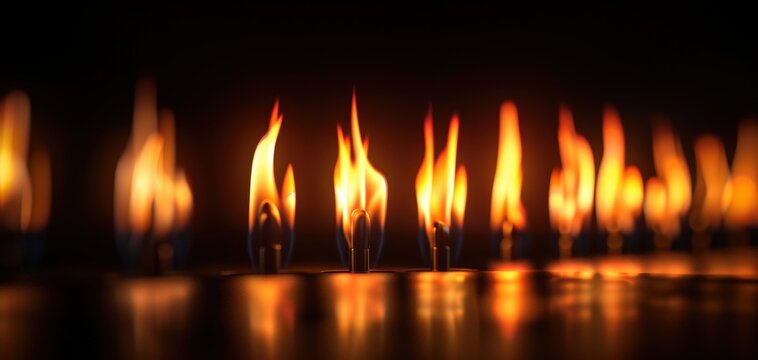 Vibrant flames dance in a row against a dark background, creating a mesmerizing visual of fire and light.
