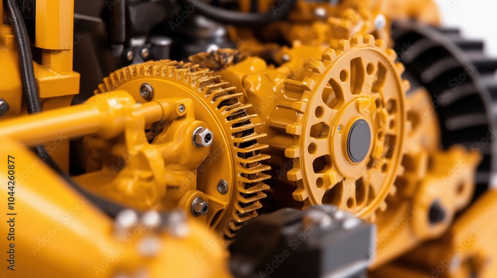 Poster close up view of intricate metal gears and cogs in a complex industrial machinery mechanism engineer