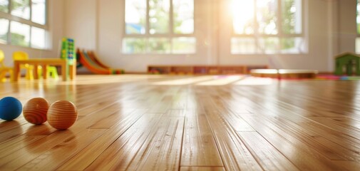 Sunlit playroom with soft wooden floor and colorful toys, creating a warm and inviting atmosphere for children.