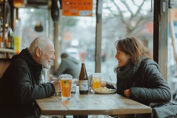 A happy couple eating in a roadside bar. an old father and a middle-aged daughter conversation at a restaurant.