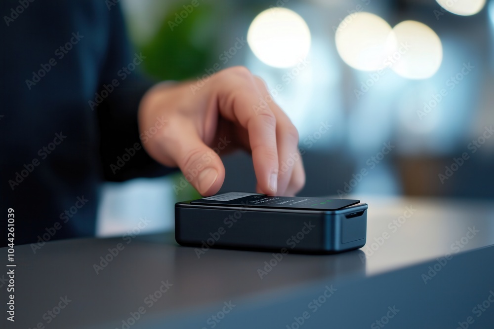 Poster closeup view of a businessperson s hand reaching out to touch or control a mobile device or smartpho