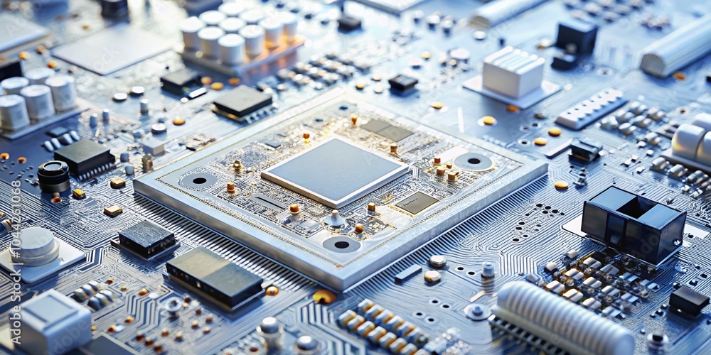 Poster white tech background with macro photography of circuit boards and microchips for modern digital the