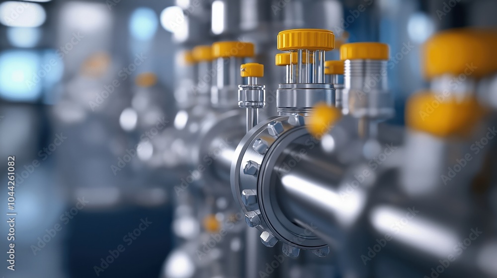 Poster closeup view of industrial machinery valves and components in automated factory setting advanced aut