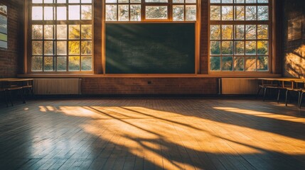 Empty classroom with large windows and a blackboard, sunlight streaming in.