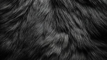 Texture of black long wolf fur close up top view