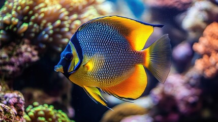 A vibrant blue and yellow angelfish swims amongst coral in a tropical reef.