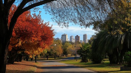 Scenic View of Rosario Argentina Skyline Along a Tree-Lined Road With Autumn Foliage. Generative AI