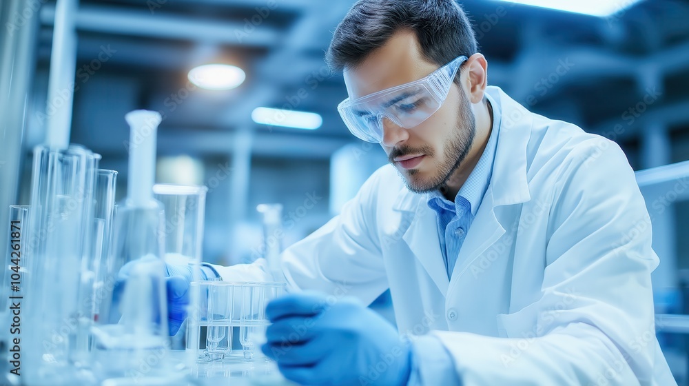 Poster focused male scientist in lab coat conducting scientific experiment with test tubes and beakers in a