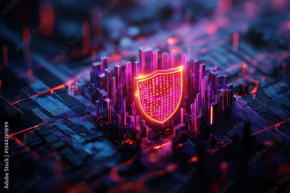 Poster futuristic cityscape with glowing neon shield structure symbolizing the protection of a digital netw