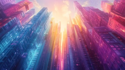 Obraz premium Towering retro-futuristic skyscrapers, bathed in sunlight, stand above streets lined with colorful 80s-inspired graffiti, bursting with creative energy
