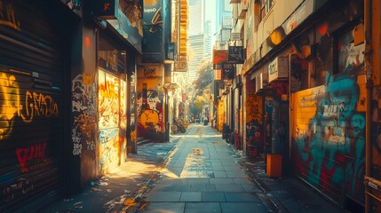 Naklejka premium Towering retro-futuristic skyscrapers, bathed in sunlight, stand above streets lined with colorful 80s-inspired graffiti, bursting with creative energy