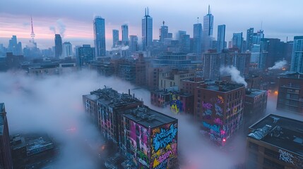 Towering skyscrapers in a bustling city, their bases wrapped in vibrant graffiti, while the tops dissolve into misty clouds, blending street art with the skyline