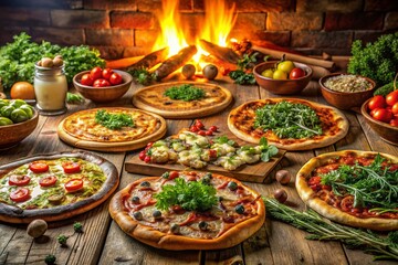 Fototapeta premium Wood Fired Pizza Selection for Gatherings and Festive Occasions - Delicious and Shareable
