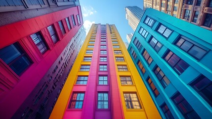 Fototapeta premium Soaring skyscrapers in morning hues, vibrant street art dances along their base, fusing urban landscapes with bold artistic vibrancy and color