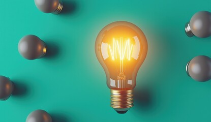 Glowing light bulb on a turquoise background symbolizing idea innovation and creative The image represents intelligence strategy and the power of new solutions and technologies