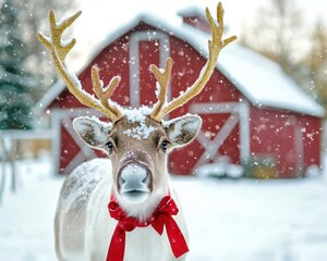 Festive reindeer with golden antlers and red ribbons, standing in front a cozy, snow-covered barn
