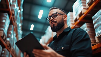 Hardworking Warehouse Manager Overseeing Inventory and Logistics in a Large Distribution Facility  Efficiently Managing Supplies Equipment