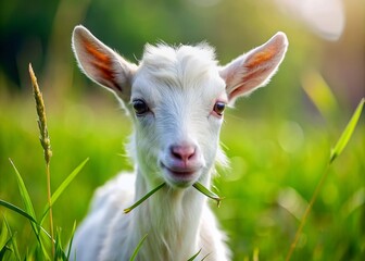 Obraz premium Young White Goat Kid Feeding in Lush Farmland - High Depth of Field Nature Photography