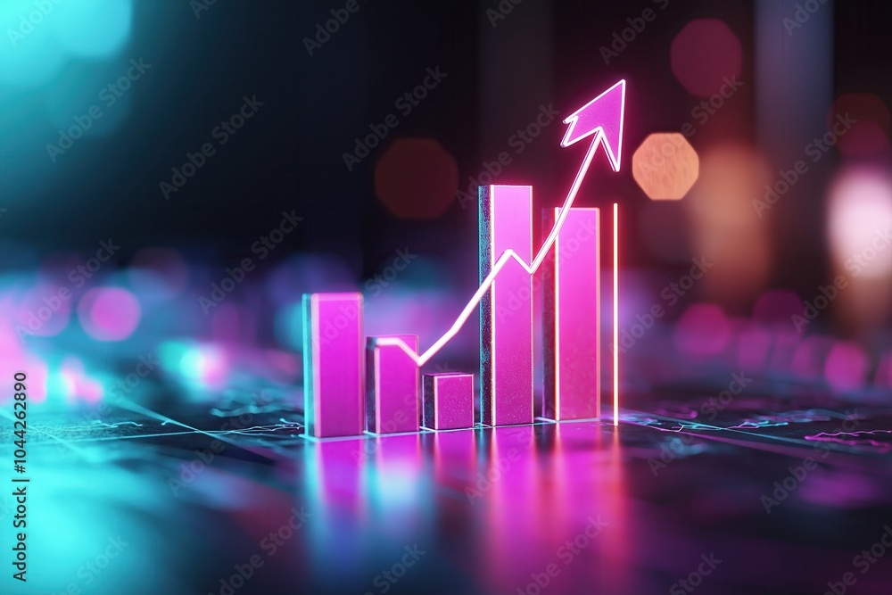 Poster neon glowing financial growth and business progress bar graph chart abstract visualization of data s