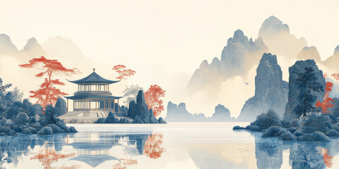 Fototapeta premium Traditional Chinese style of minimalist landscape painting art background