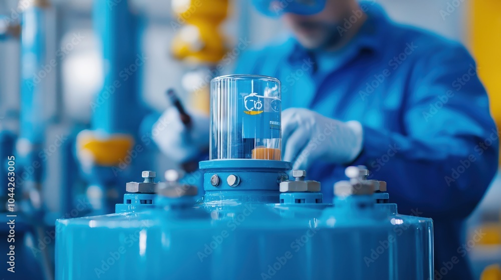 Poster scientist in blue uniform performing scientific experiment with beakers and flasks in laboratory set