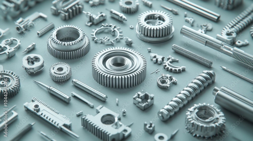 Poster isometric view of interlocking 3d gears and components
