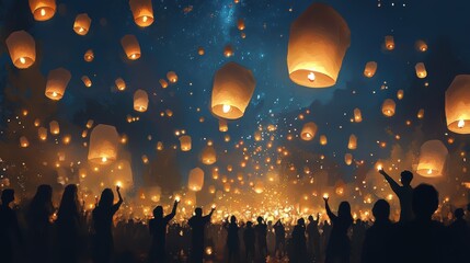 Thousands of glowing lanterns drifting gracefully through the serene night sky creating a mesmerizing and ethereal atmosphere during a traditional cultural or festival