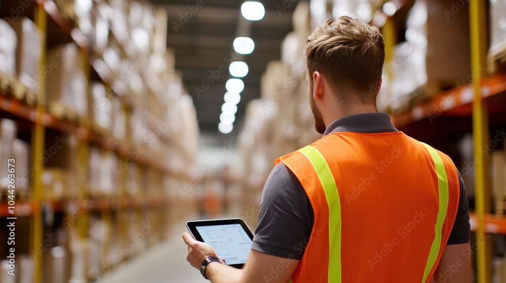 Poster warehouse worker using tablet device to scan boxes in organized storage facility logistics and distr