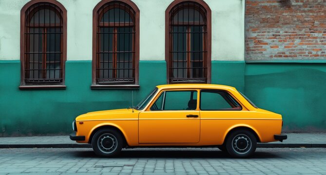 Vibrant yellow vintage car parked on a lively urban street surrounded by classic brick buildings with arched windows and a colorful textured facade