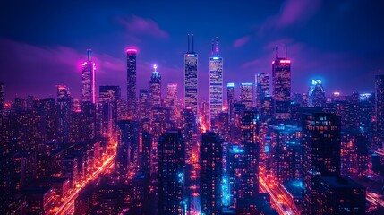 Fototapeta premium Vibrant night cityscape with towering skyscrapers, illuminated by glowing city lights, streets filled with neon graffiti art, blending modern architecture