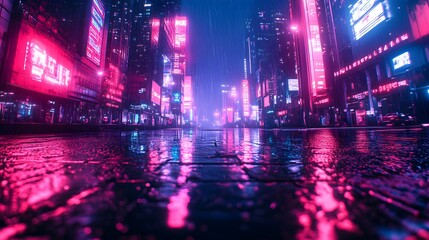 Fototapeta premium Vibrant night in a retro-futuristic city, skyscrapers towering over streets, covered in glowing neon graffiti reflecting off wet pavement, evoking an electric energy
