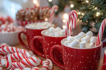 A hot chocolate bar with marshmallows, candy canes, and festive holiday mugs at a Christmas party