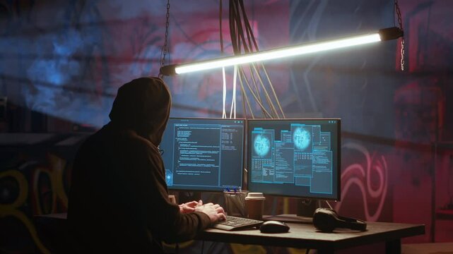 Hacker arrives in messy base of operations with neon lights and graffiti drawings sprayed on walls. Cybercriminal using ghetto hideout as HQ to commit illegal activities using computer, camera B